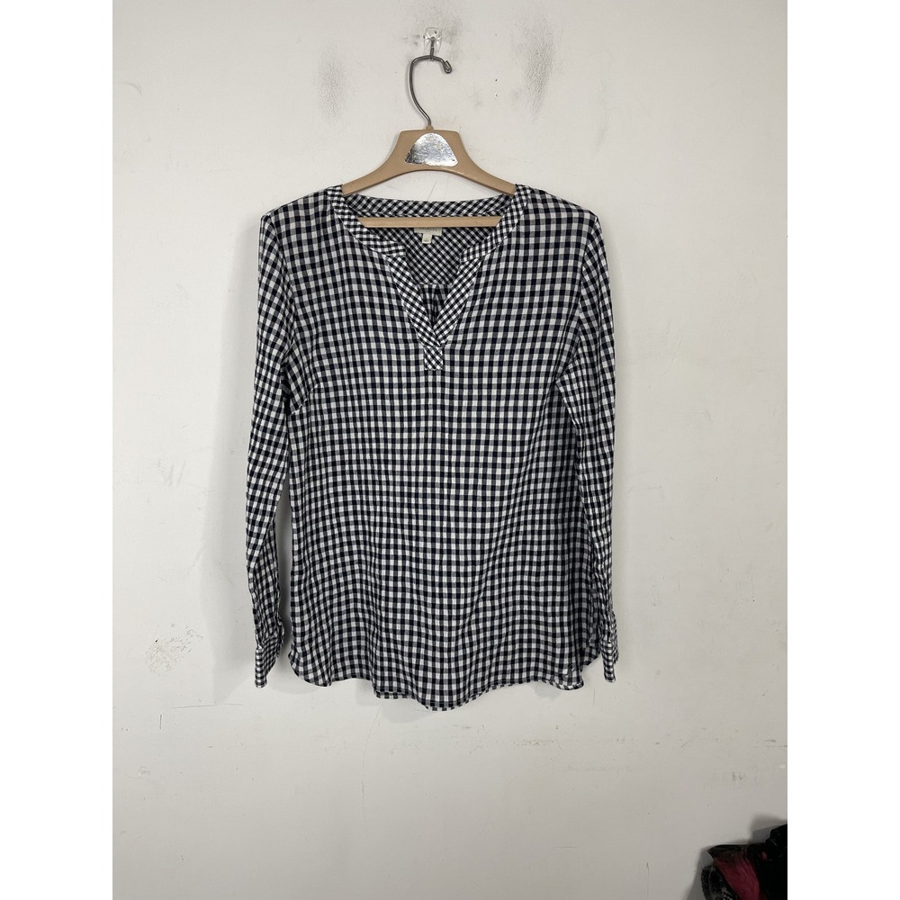 Talbots Womens Shirt Large Gingham Check Navy White Farm Cottage Holiday Country